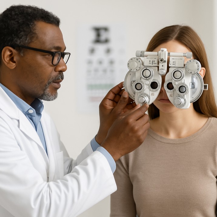 An optometrist in a white lab coat adjusts a phoropter in front of a female patient’s face during an eye exam, with a blurry Snellen chart visible in the background.