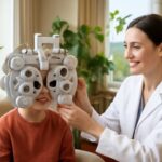 Child undergoing eye exam in Seattle clinic to detect amblyopia (lazy eye).