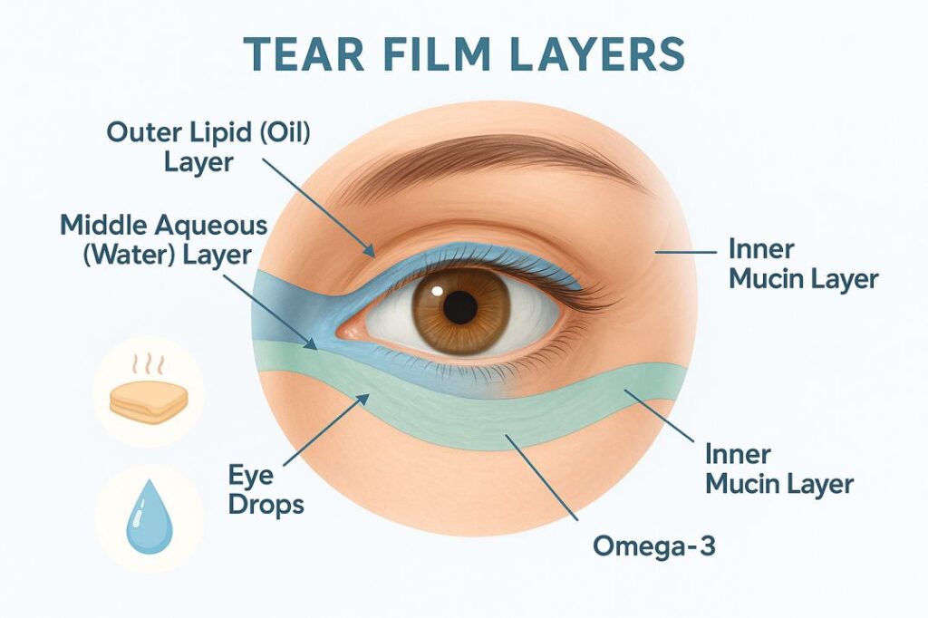 Medical illustration showing the three layers of healthy tear film - lipid, aqueous, and mucin layers - with treatment icons for dry eye management 