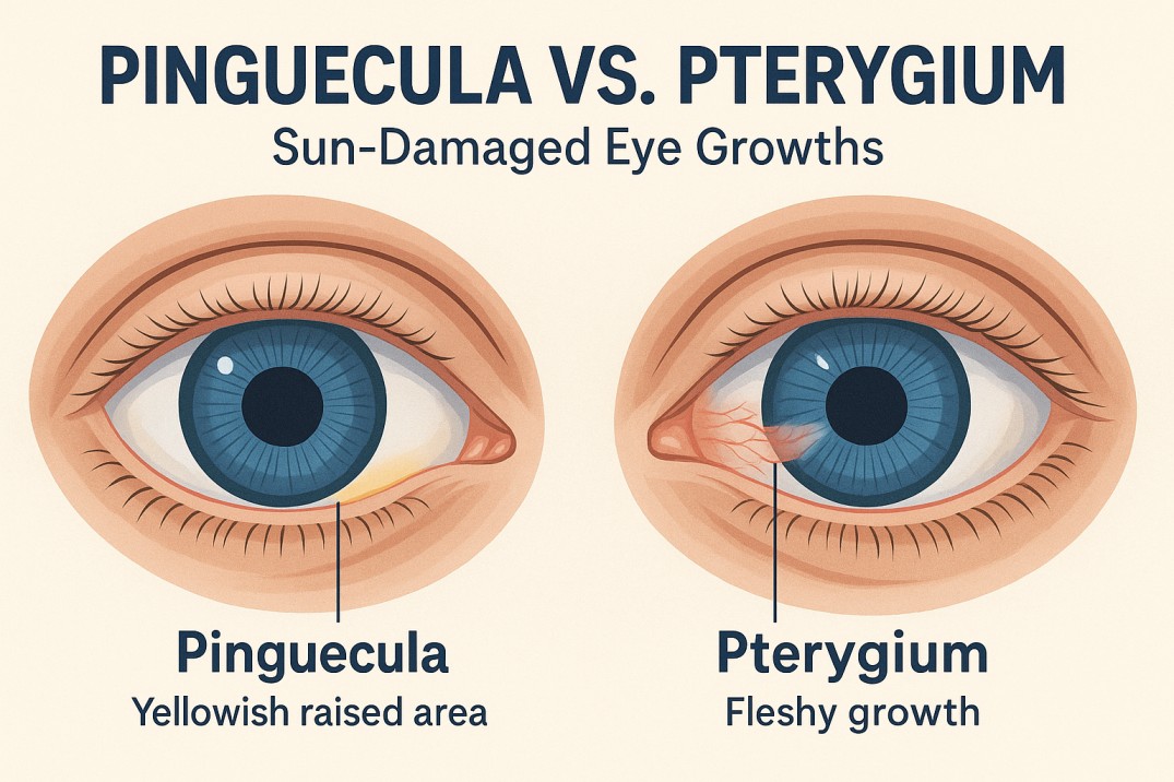 Comparison image of two eyes showing differences between pinguecula and pterygium. The left eye has a yellowish raised area near the iris labeled “Pinguecula,” while the right eye displays a red, fleshy growth extending onto the cornea labeled “Pterygium.” Text above reads “Pinguecula vs. Pterygium – Sun-Damaged Eye Growths.