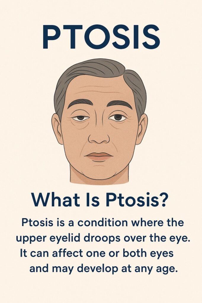 Illustration of a middle-aged man's face showing ptosis, with one upper eyelid drooping noticeably lower than the other. Above the image, the word 'Ptosis' is written in bold blue letters. Below, text reads 'What Is Ptosis? Ptosis is a condition where the upper eyelid droops over the eye. It can affect one or both eyes and may develop at any age.' The background is a light beige color with simple, clean design.