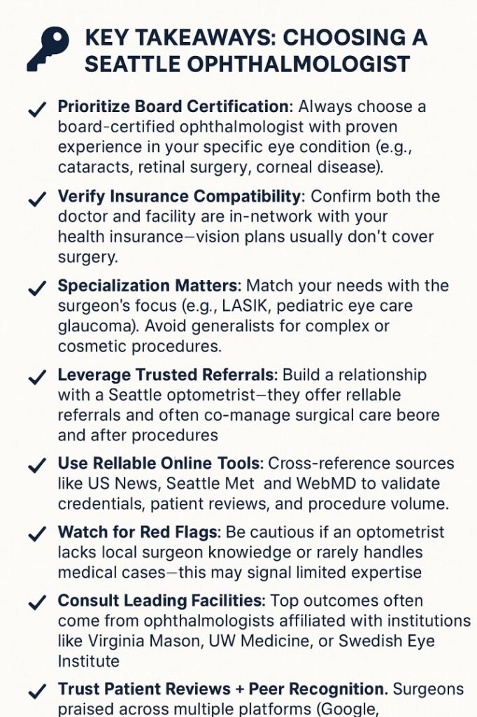 Infographic titled “Key Takeaways: Choosing a Seattle Ophthalmologist” listing 9 expert tips for selecting the right eye surgeon based on certification, specialization, referrals, and more.