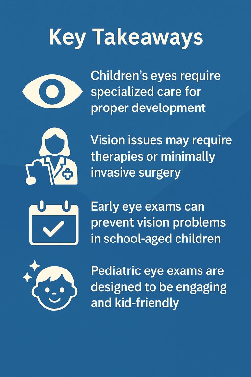 Infographic titled "Key Takeaways" on a blue background, featuring four white icons alongside concise text: an eye, a female doctor, a calendar with a checkmark, and a smiling child. The text highlights the importance of specialized pediatric eye care, therapies, early exams, and child-friendly exam experiences.