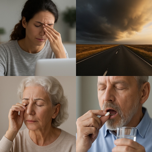 "Collage depicting key causes of dry eye: a woman straining at a laptop, a windy open road under stormy skies, an elderly woman rubbing her eyes, and an older man taking medication." 