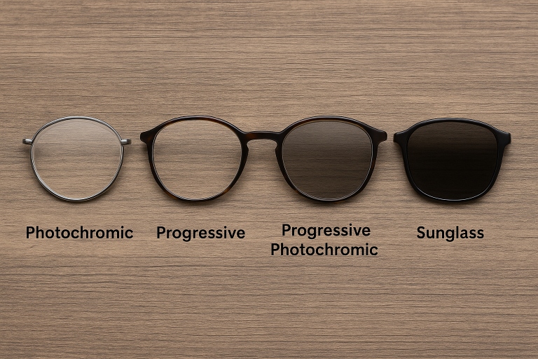 A comparison of four eyeglass lens types—Photochromic, Progressive, Progressive Photochromic, and Sunglass—displayed in labeled frames on a wooden surface. 