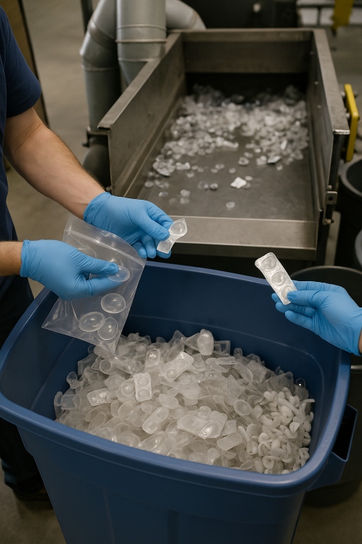 Workers sorting used contact lens blister packs at a recycling facility, with gloved hands placing items into a large blue bin near a conveyor system. 