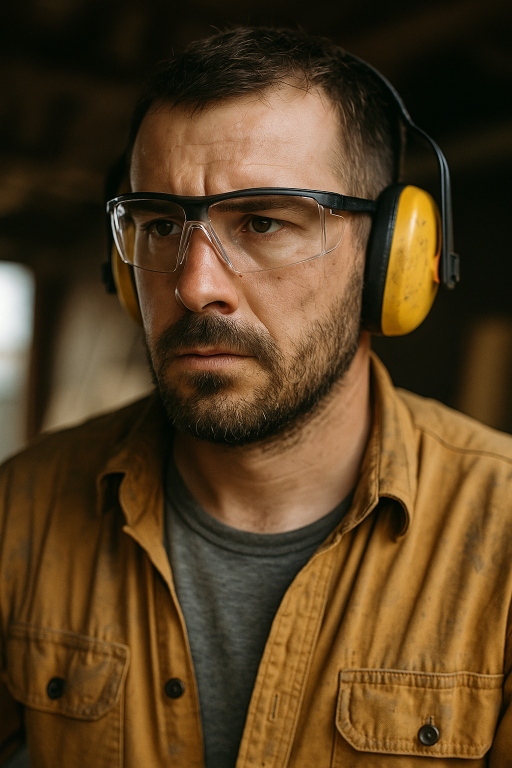 Close-up of a male construction worker wearing clear safety glasses and yellow earmuffs, focused while working in a rugged environment. 