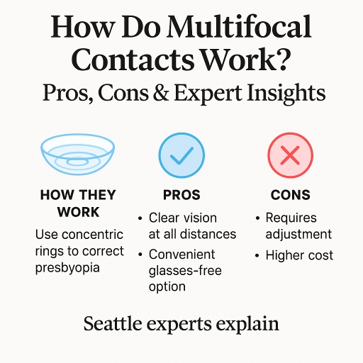Infographic explaining how multifocal contact lenses work, including their pros and cons. Shows icons and text describing lens function, benefits, and drawbacks. 