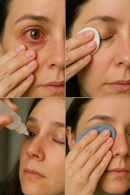 Four-step close-up sequence of a woman treating pink eye: showing an inflamed eye, gently cleaning with a cotton pad, applying eye drops, and soothing with a cool compress. 