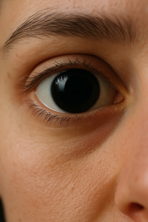 Close-up image of a human eye with a fully dilated pupil, showing detailed iris texture and surrounding skin. 