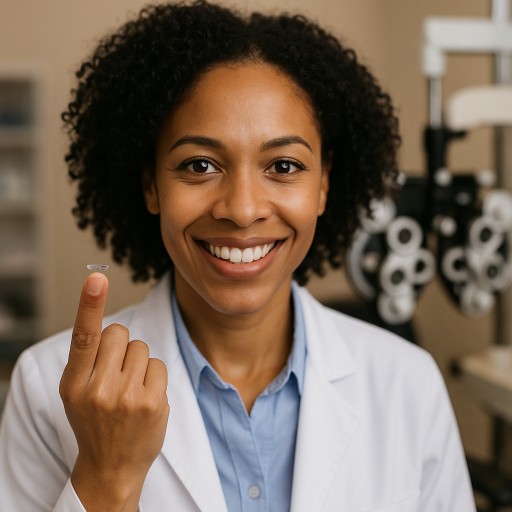 Smiling African-American female optometrist holding a contact lens on her index finger in a professional exam room. 
