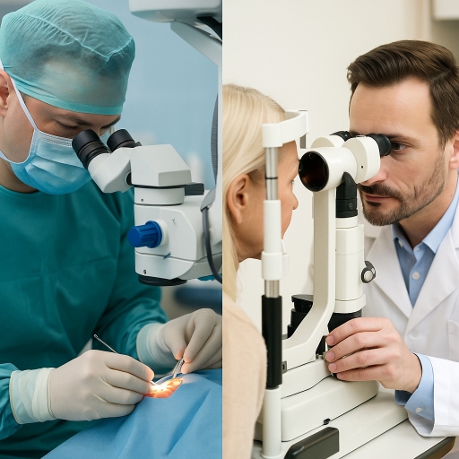 Side-by-side image showing an ophthalmologist performing eye surgery in a sterile environment and an optometrist conducting a routine eye exam on a patient. 
