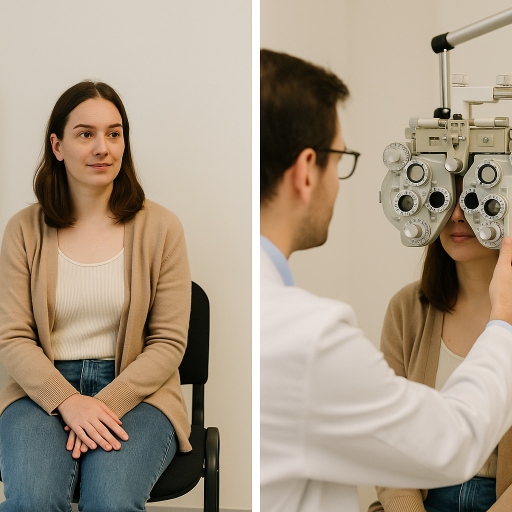 A split image showing a woman waiting calmly in a clinic chair on the left, and the same woman undergoing an eye exam with a phoropter on the right, assisted by an optometrist. 