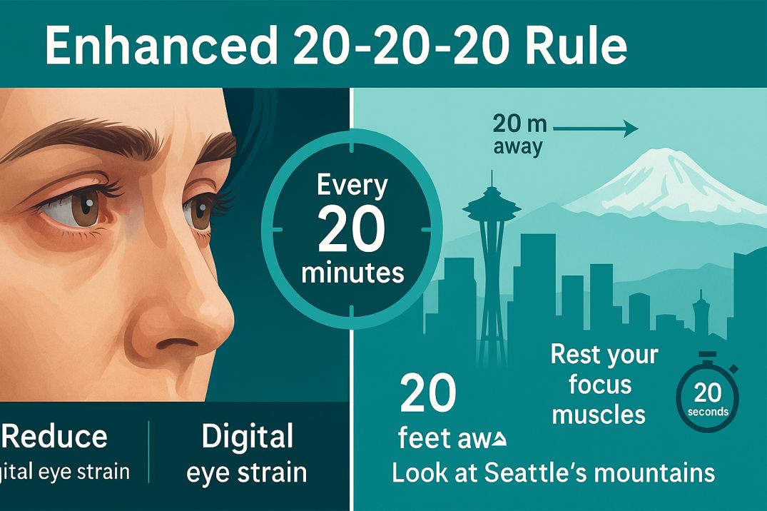 20-20-20 rule infographic showing before and after eye strain relief with Seattle skyline and Mount Rainier.