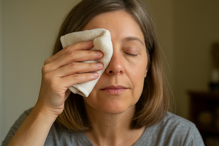 Middle-aged woman applying a warm compress to her closed eye at home, demonstrating a common home remedy for dry eye relief.