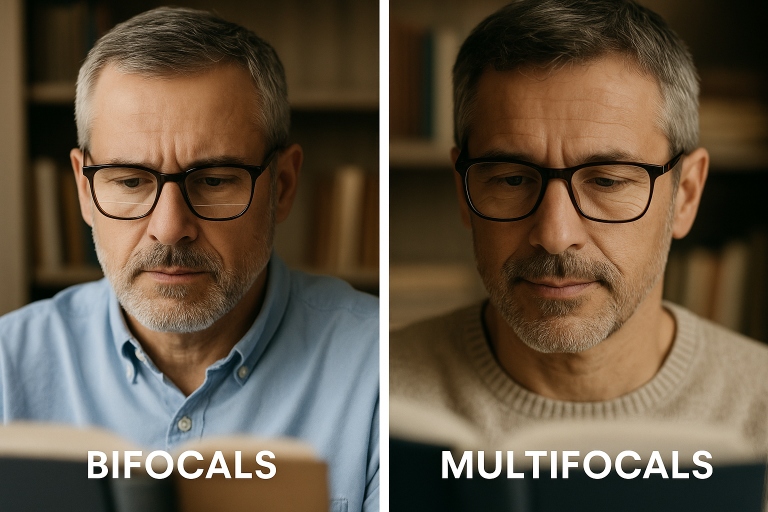 Middle-aged man wearing bifocal glasses with visible lens lines beside another man wearing multifocal glasses with seamless lenses, both reading indoors.