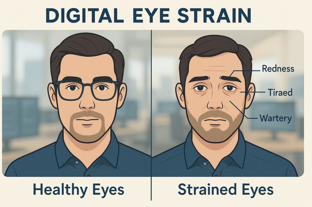 Digital eye strain symptoms diagram showing effects of computer vision syndrome on tech workers