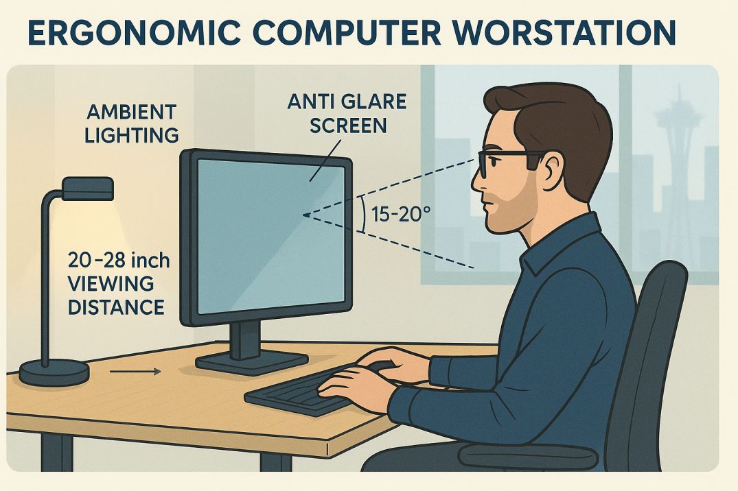 Proper ergonomic computer workstation setup for preventing eye strain in Seattle tech workers