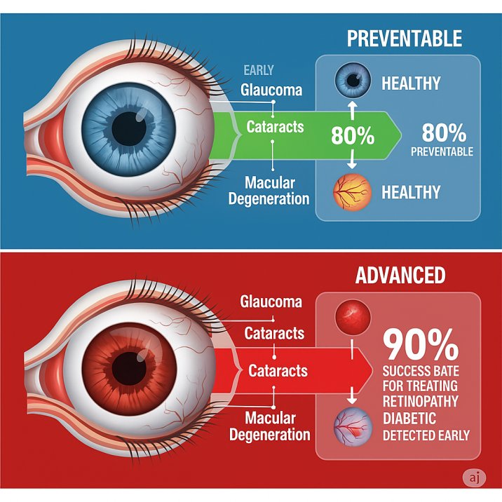 Medical diagram comparing early detection versus late detection of eye conditions including glaucoma, cataracts, and macular degeneration with prevention statistics