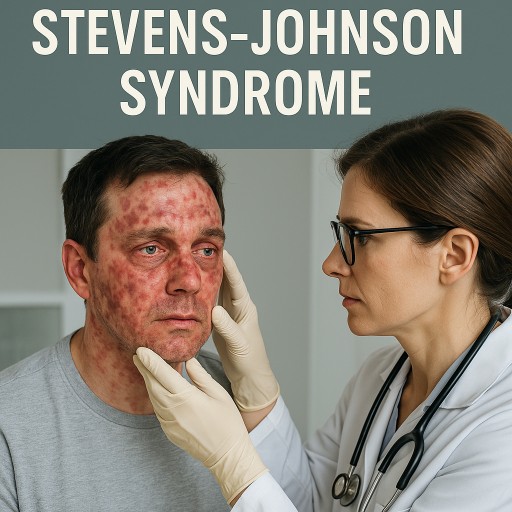 Doctor examines a male patient with visible facial rash and swelling caused by Stevens-Johnson Syndrome in a clinical setting. 