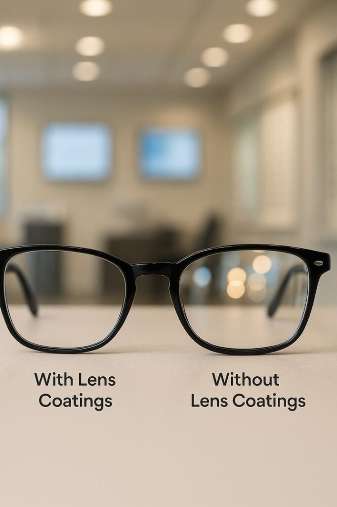 Side-by-side comparison of eyeglasses with and without lens coatings, showing reduced glare and reflections with anti-reflective coating treatment