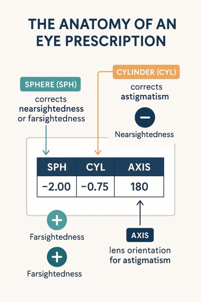 Detailed infographic explaining eye prescription components including sphere, cylinder, and axis measurements for reading prescriptions accurately