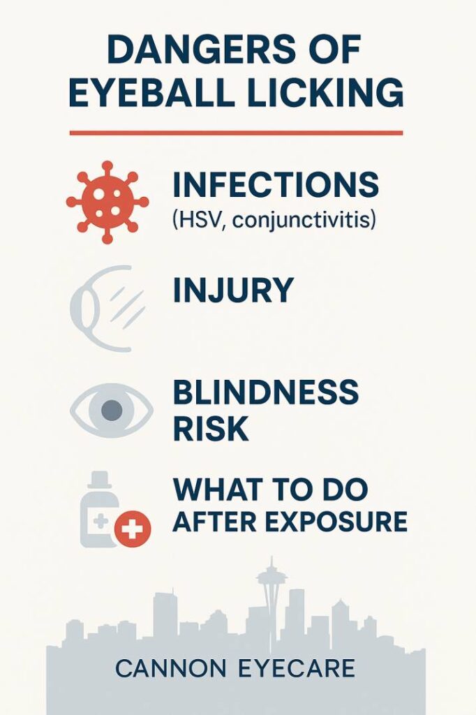 Infographic showing the medical dangers of eyeball licking, including infections, corneal injuries, and emergency response steps.