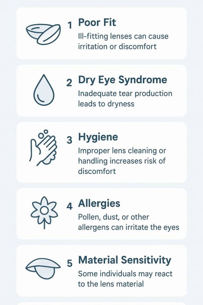 Infographic showing the 7 leading causes of contact lens discomfort, with labeled icons and short descriptions.