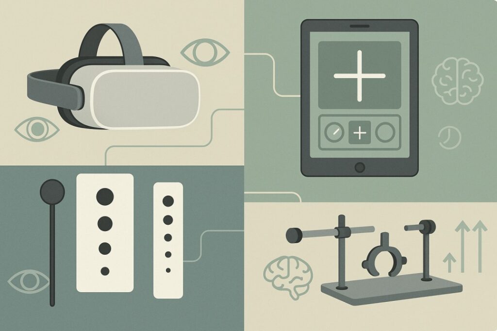 Comprehensive visual guide showing types of visual training devices from VR systems to traditional therapy tools with benefit indicators
