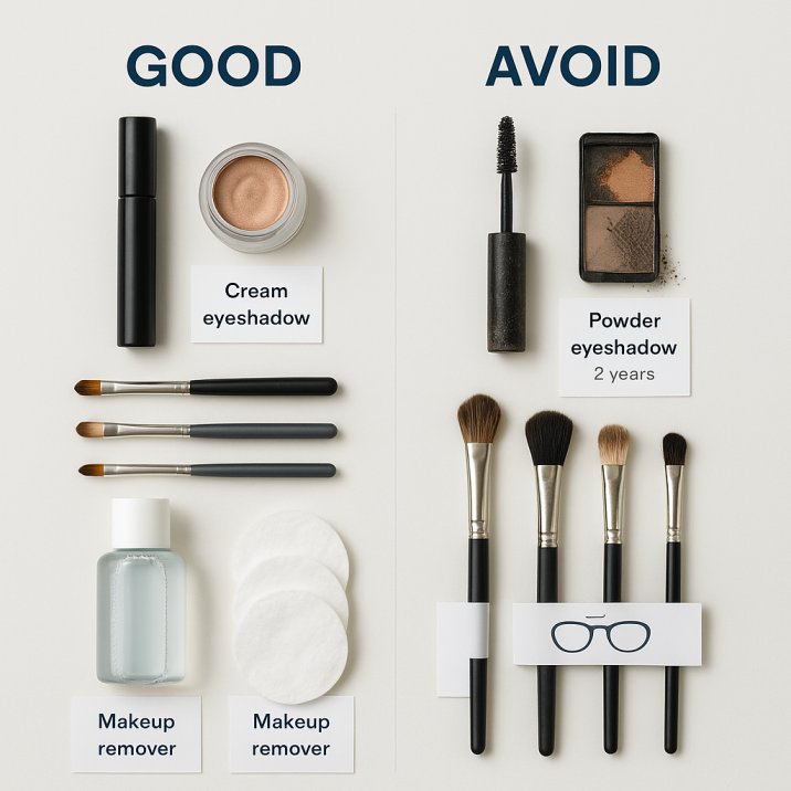 Educational flat lay showing proper eye makeup hygiene with clean products, replacement timelines, and safe application tools recommended by Seattle optometrists
