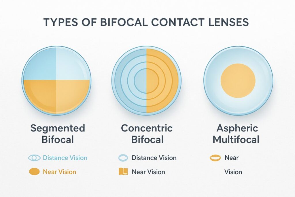 Three types of bifocal contact lenses: segmented, concentric, and aspheric multifocal designs for presbyopia correction 