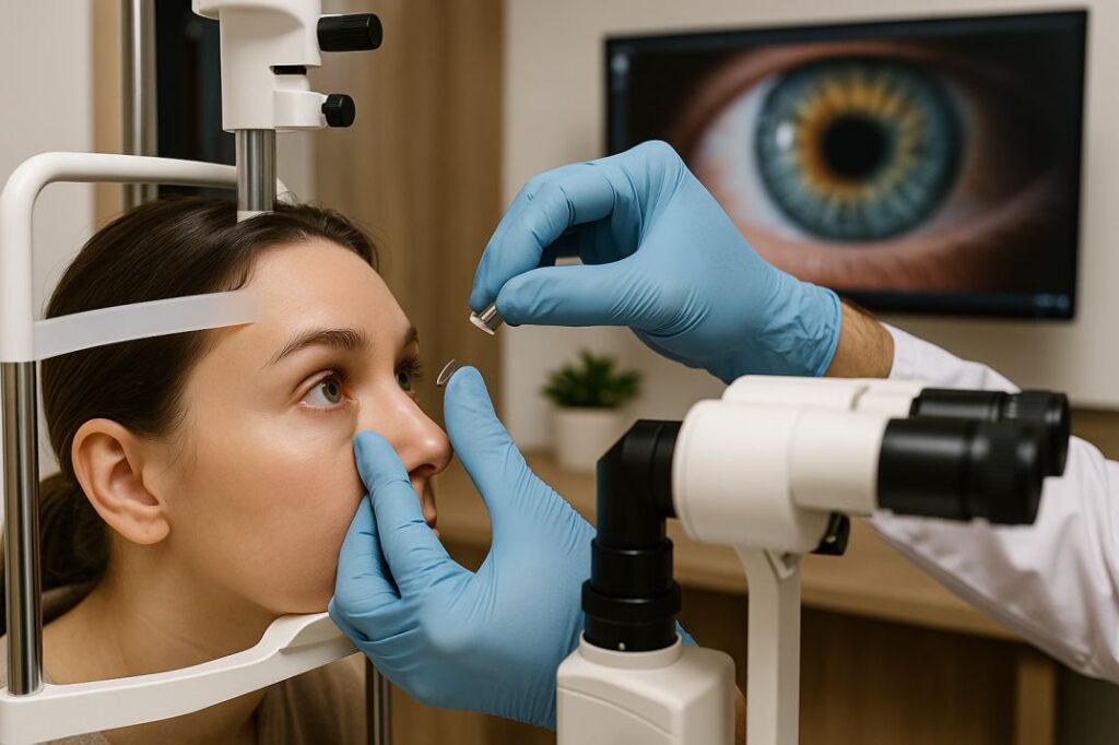 Optometrist fitting a soft contact lens with digital tools during an eye exam in Seattle.