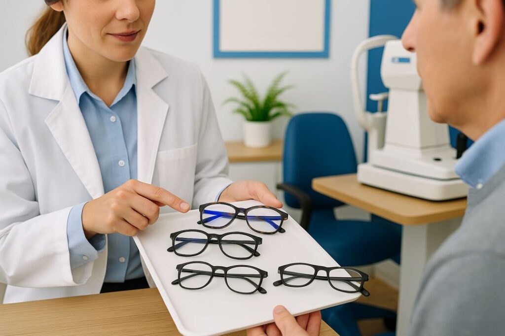 Optometrist presenting reading glasses with special coatings to a patient in a Seattle clinic.