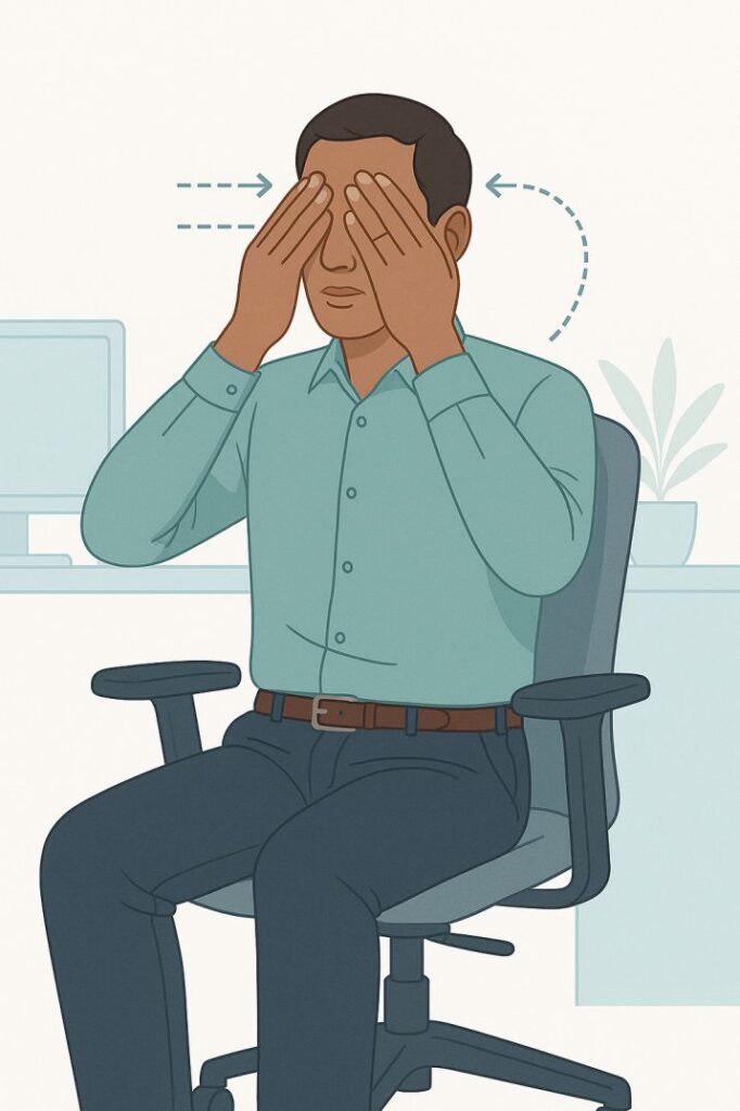 Demonstration of palming eye exercise technique for digital eye strain relief showing proper hand placement over closed eyes 