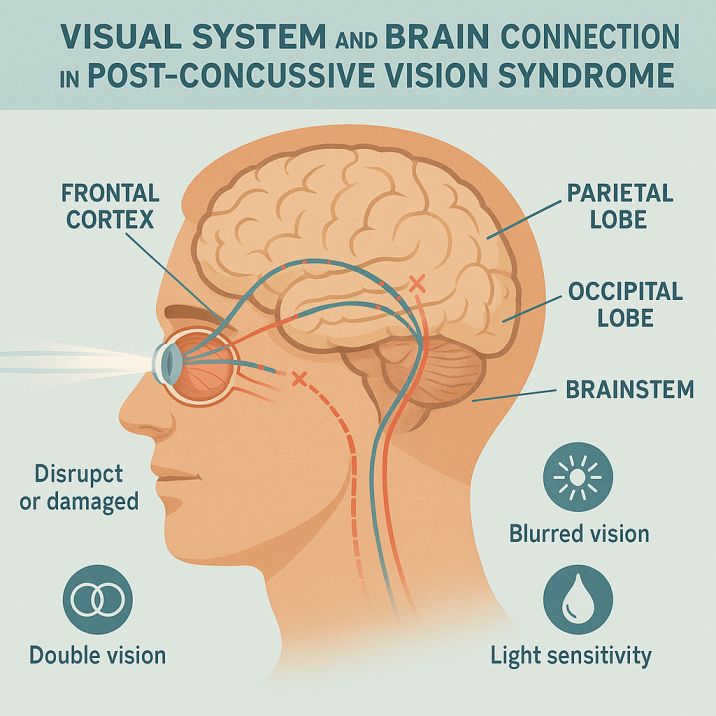 Medical diagram showing how Post-Concussive Vision Syndrome affects brain-eye neural pathways and visual processing after concussion 