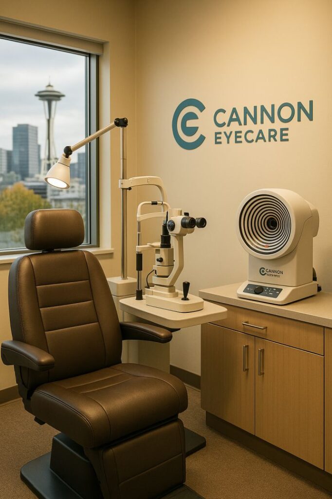 Modern eye examination room with advanced corneal diagnostic equipment at Cannon EyeCare Seattle locations