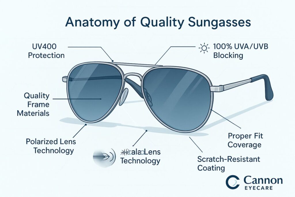 Detailed sunglasses anatomy diagram showing UV400 protection, polarized lenses, and quality features to look for when choosing sunglasses at Cannon EyeCare
