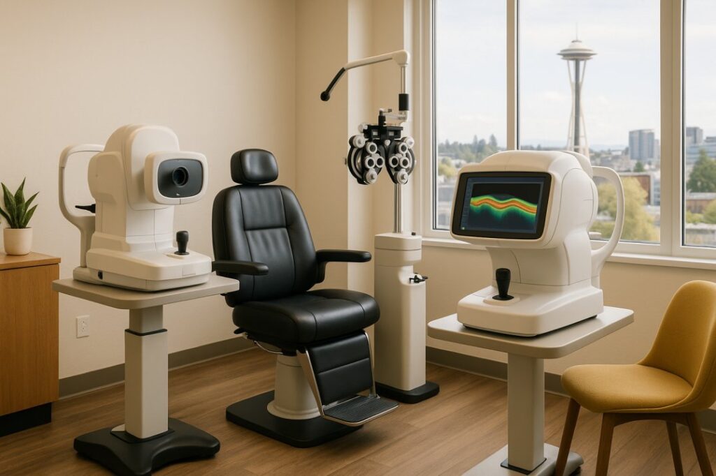 Modern eye examination room at Cannon EyeCare featuring advanced diagnostic technology including OCT and digital retinal imaging equipment for comprehensive blurry vision diagnosis in Seattle 