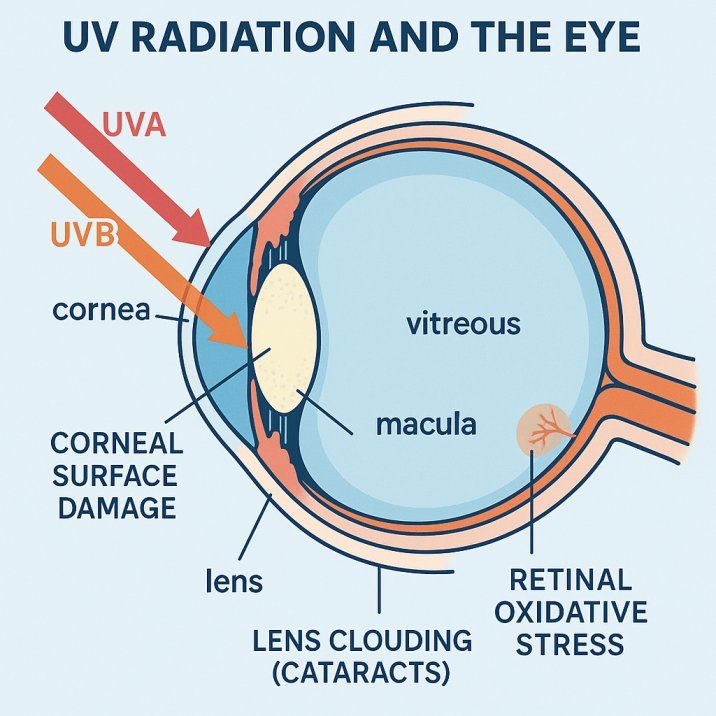 Cross-section diagram of human eye showing how UV radiation penetrates and damages different eye structures including cornea, lens, and retina