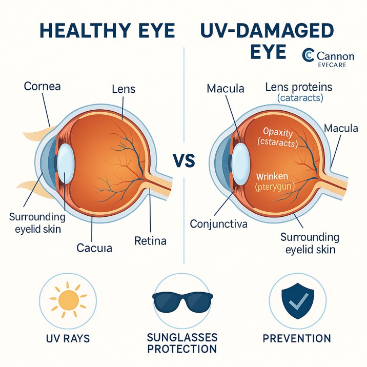 Medical diagram showing eye anatomy and UV damage effects including cataracts, macular degeneration, and pterygium for summer eye safety education