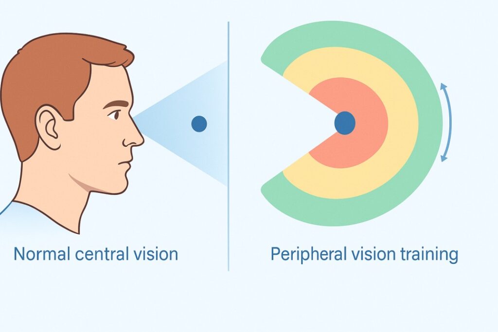 Medical illustration comparing normal central vision versus enhanced peripheral vision training results for athletes
