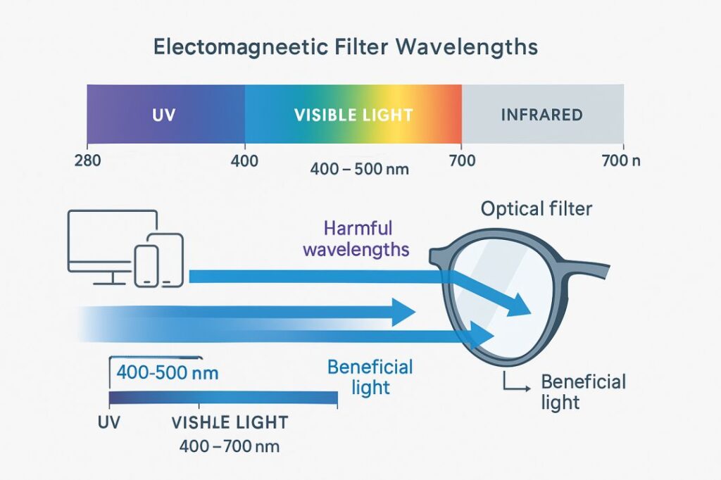 Optical filters wavelength spectrum diagram showing blue light blocking between 400-500nm and UV protection, illustrating how professional optical filters protect eyes from digital device radiation