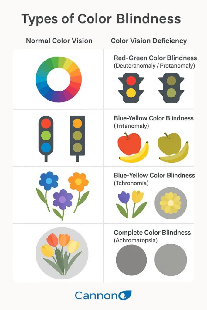 Types of color blindness diagram showing normal vision vs red-green, blue-yellow, and complete color deficiency