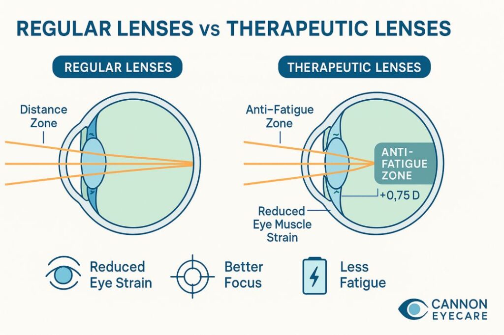 Educational diagram showing how therapeutic anti-fatigue lenses work compared to regular lenses, illustrating reduced eye strain and improved focus for computer users