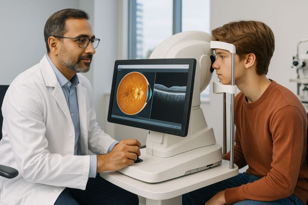 Doctor performing OCT retinal imaging for Stargardt Disease diagnosis on teenage patient at modern Seattle eye clinic with advanced diagnostic equipment