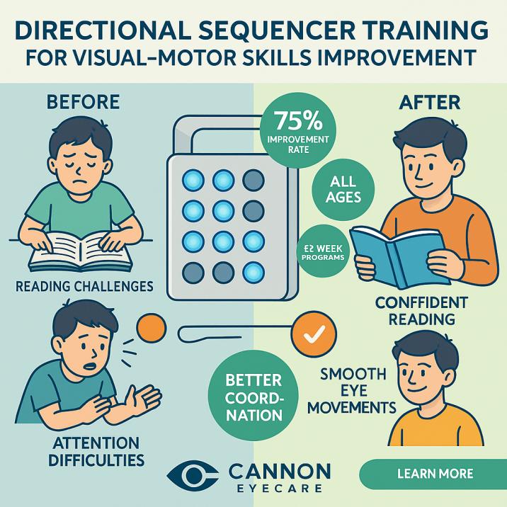 Infographic showing before and after benefits of directional sequencer visual-motor training for reading, coordination and attention skills