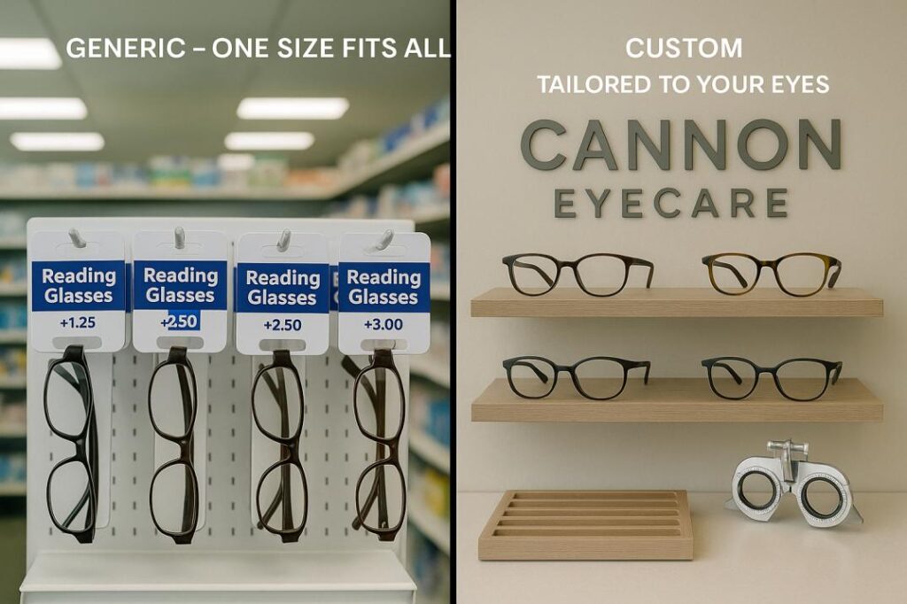 Comparison of over-the-counter vs professional prescription reading glasses showing quality and customization differences at Cannon EyeCare Seattle