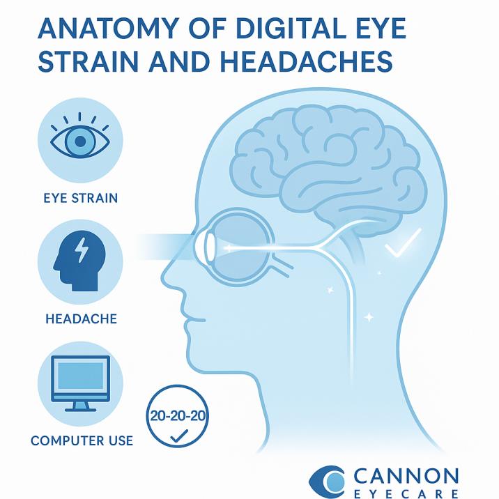 Diagram showing how digital eye strain causes headaches with visual pathway from computer screen to brain