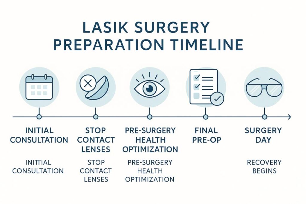 LASIK preparation timeline infographic showing essential steps before laser eye surgery at Cannon EyeCare