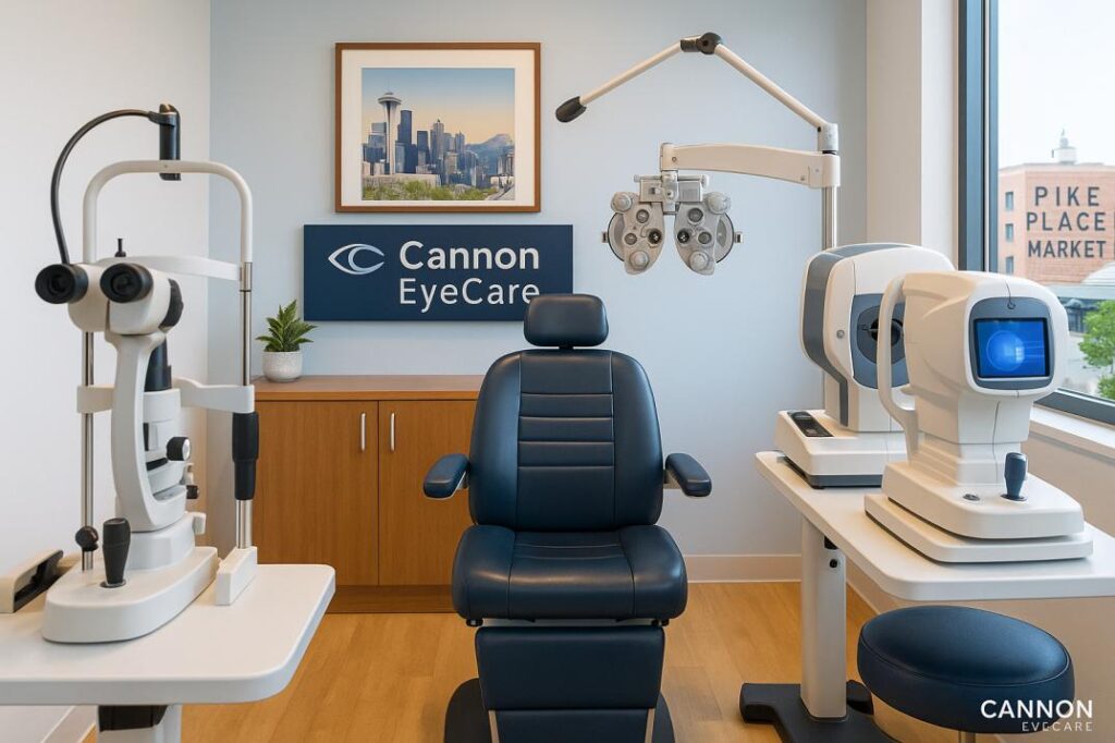Modern optometry examination room at Cannon EyeCare Seattle featuring advanced diagnostic equipment for comprehensive eye pain evaluation and treatment